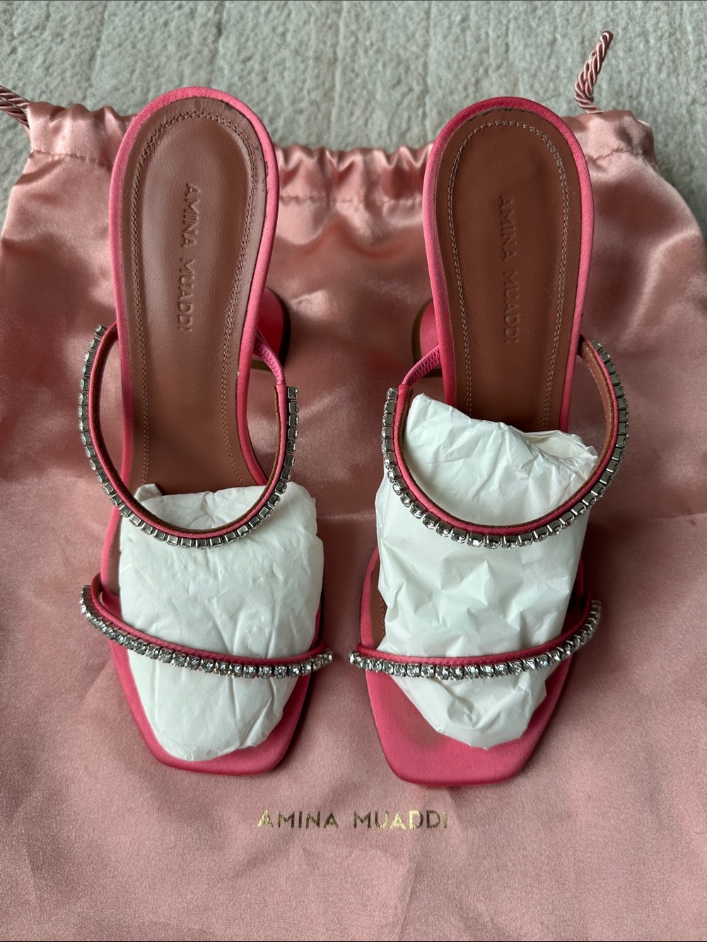Amina Muaddi Pink Crystal-Embellished Satin Heels